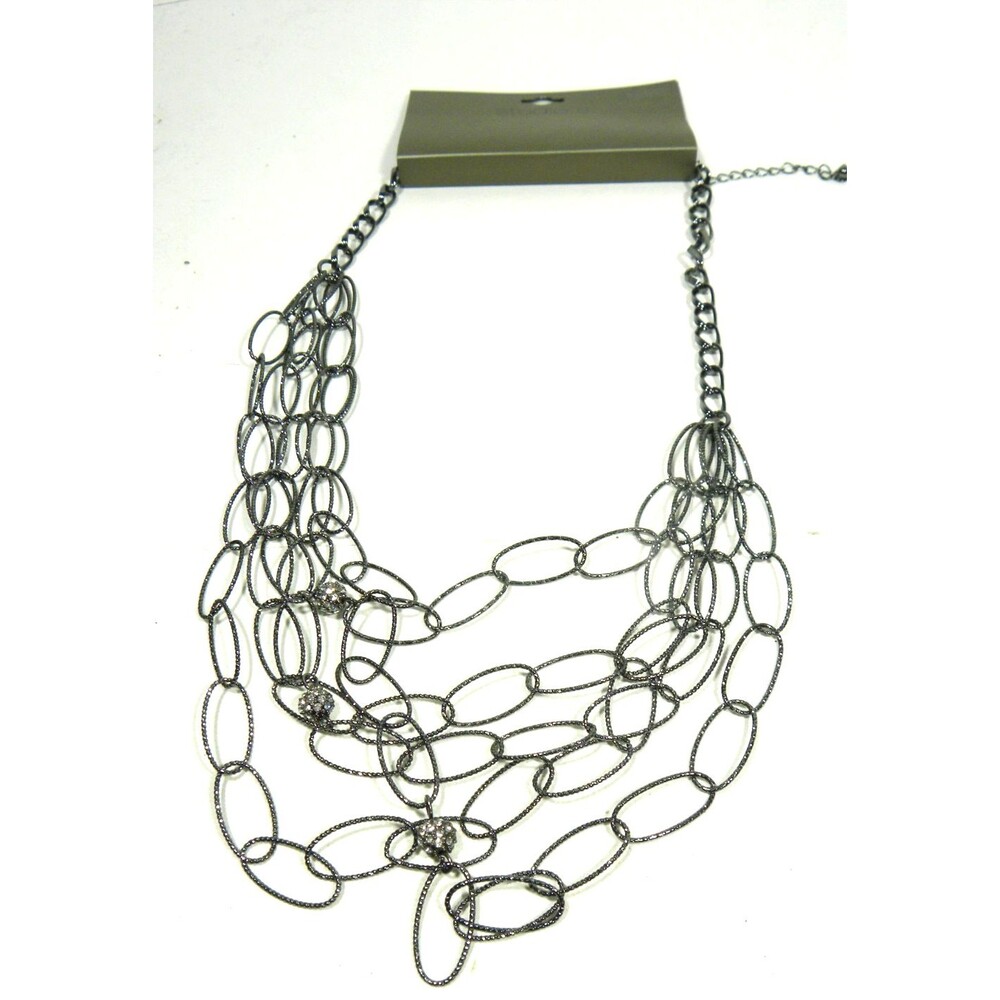 Black Multi Strand Necklace Oval Link Bib Scoop Layered Sparkly Studio S
